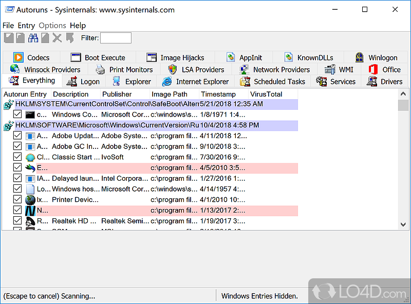 Autoruns showing all Windows startup programs and drivers